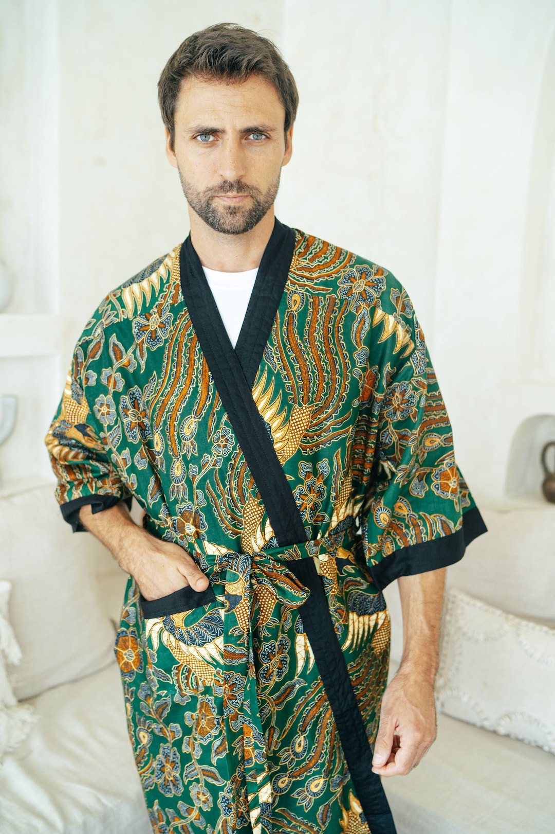 Green Batik Cotton Kimono Robe Jacket, Bali Dressing Gown, Mens