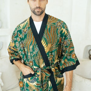 Green Batik Cotton Kimono Robe Jacket, Bali Dressing Gown, Mens kimono robe, Wear the World, Dragon Chinese, Christmas Present
