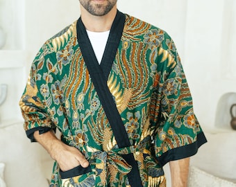 Green Batik Cotton Kimono Robe Jacket, Bali Dressing Gown, Mens kimono robe, Wear the World, Dragon Chinese, Christmas Present