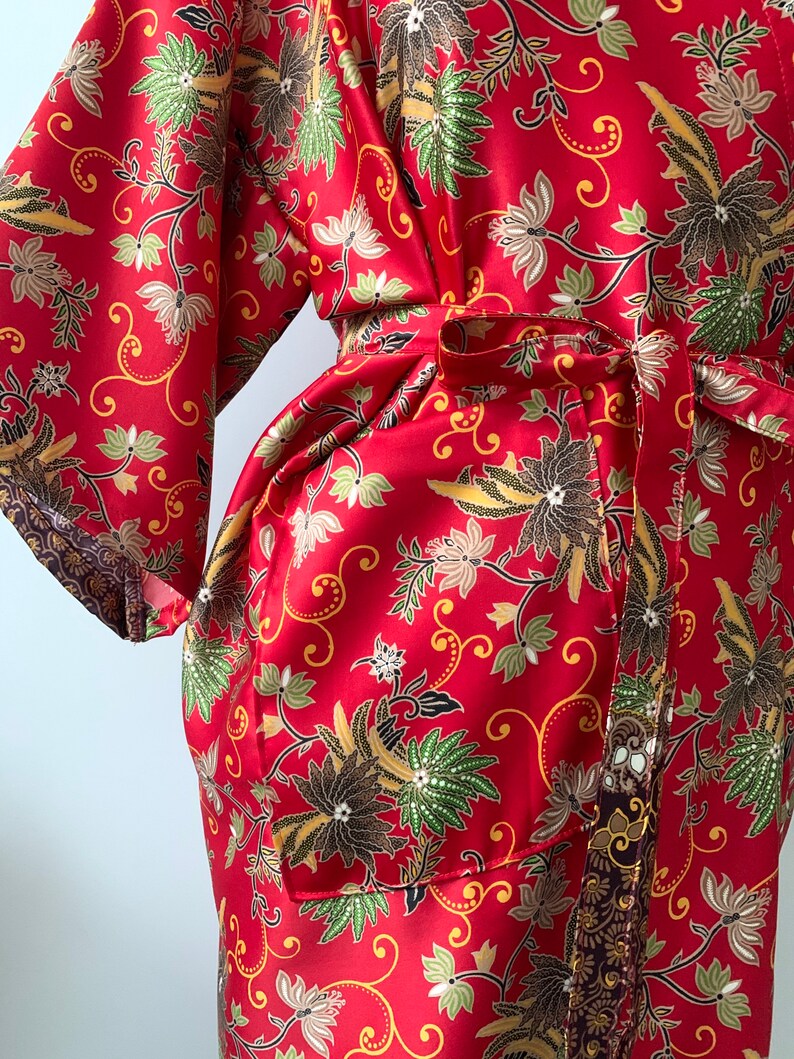 Red Silk Blend Kimono Robe with pocket Paisley Floral Etsy