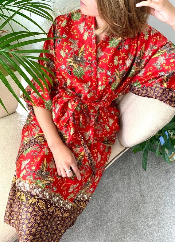 Long Red Silk Blend Kimono Robe Vintage Paisley Floral Etsy UK