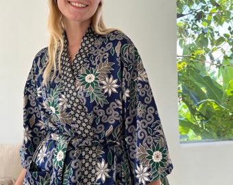 Blue Full Length Silk Kimono Robe, Paisley Floral Boho Vintage, Unisex , Kimono Jacket, Dressing Gown, Bridal Robe, Christmas, Silk Pyjamas
