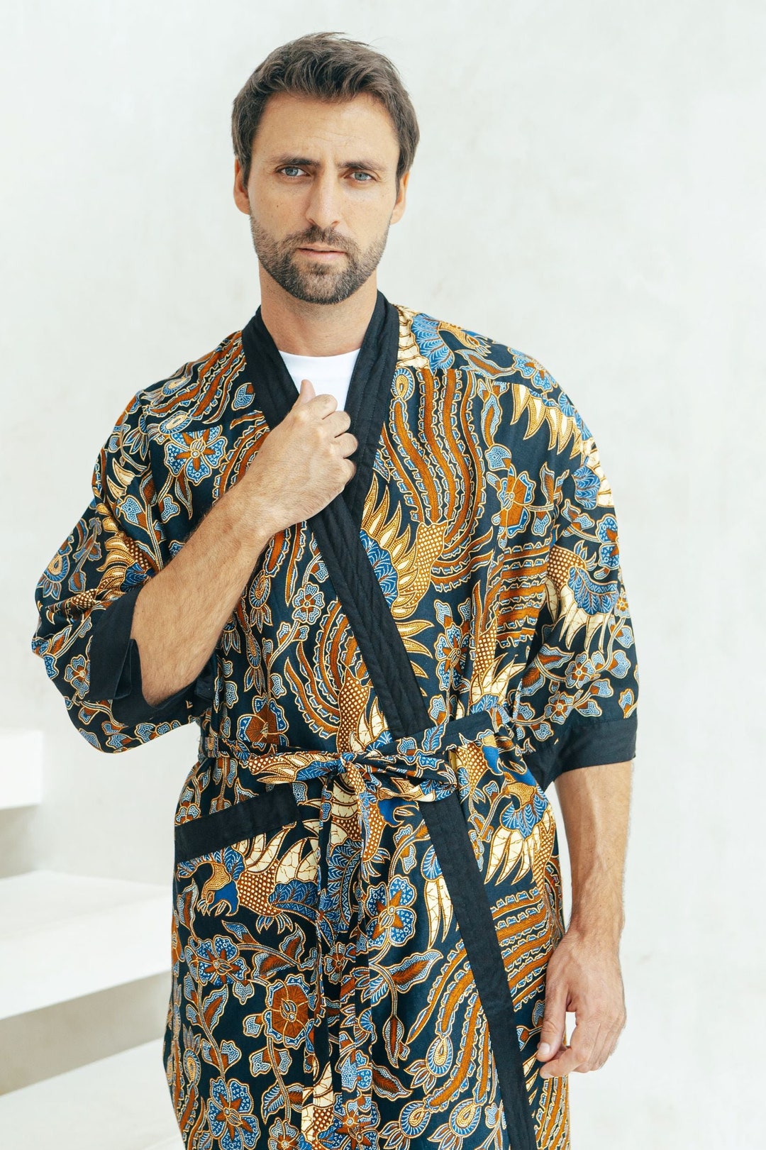 Jama Robe Men Navy Batik Cotton Kimono Robe Jacket, Dressing Gown, Mens Kimono Robe ...