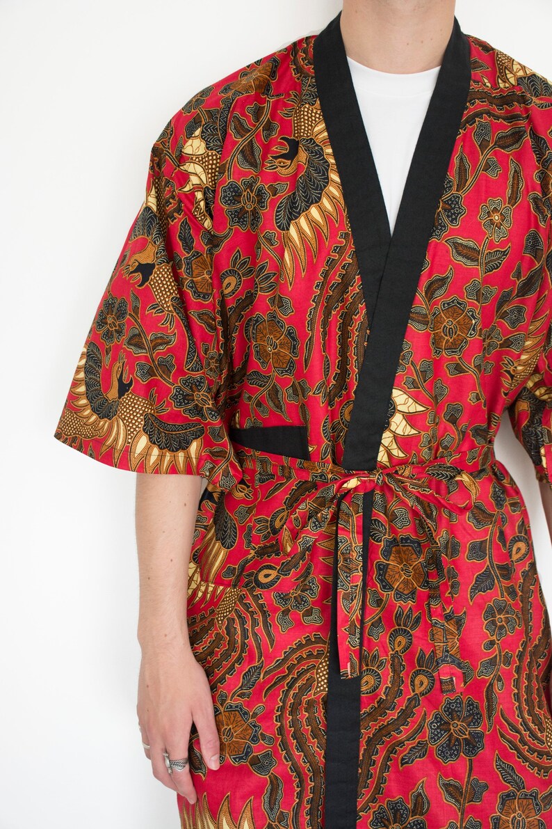Red Cotton Kimono Robe Jacket Batik Oriental Dressing Gown Etsy