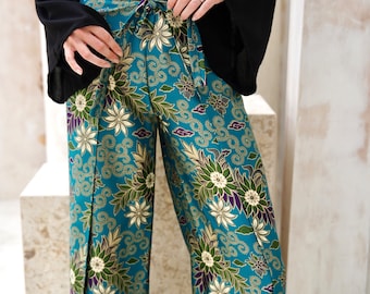 Turquoise Satin Wrap Around Trousers, Wrap Pants, Palazzo Pants