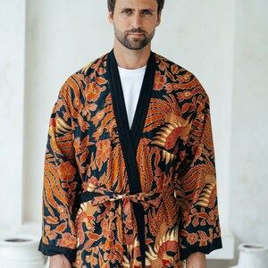 Black and Red Men's Full Length Batik Robe