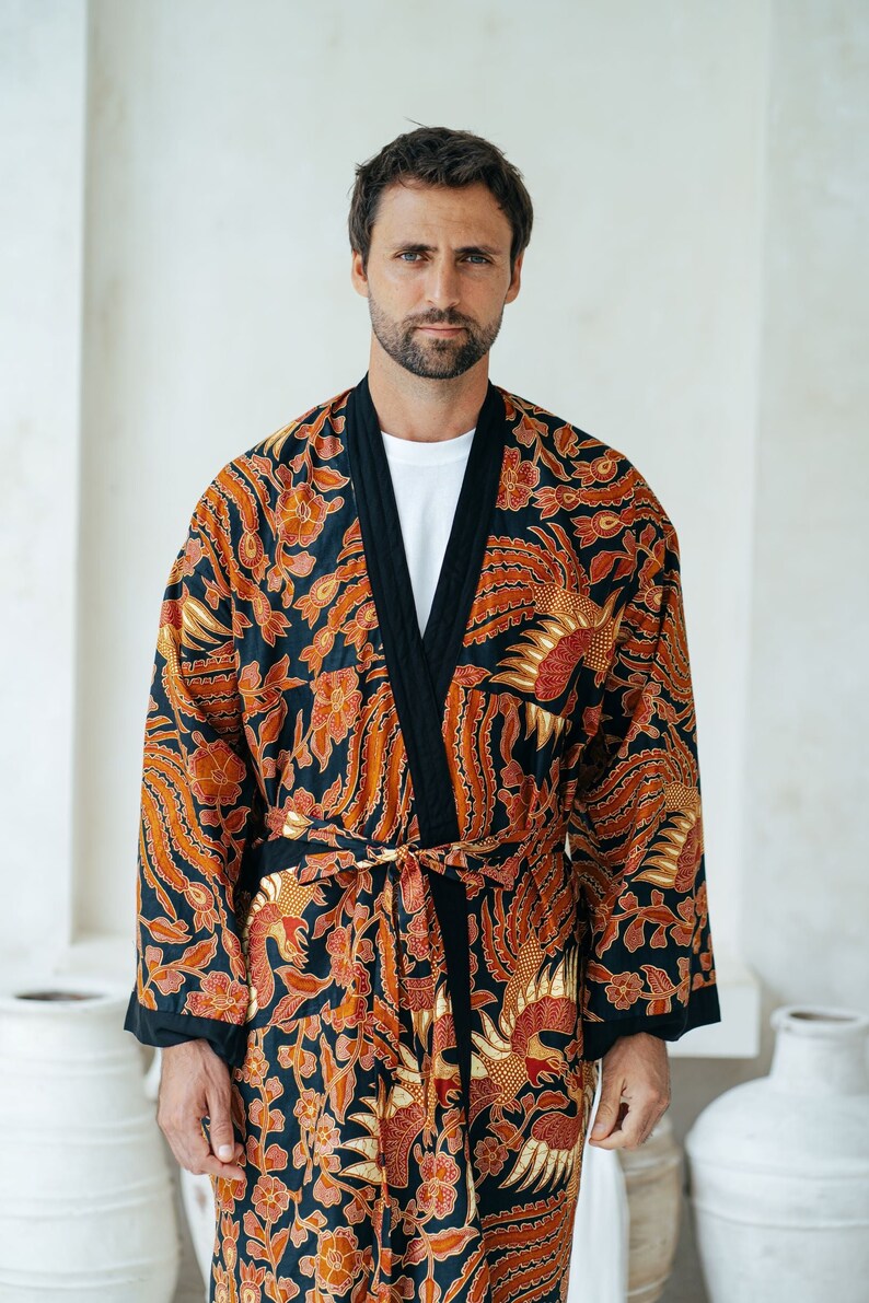Black and Red Men's Full Length Batik Robe