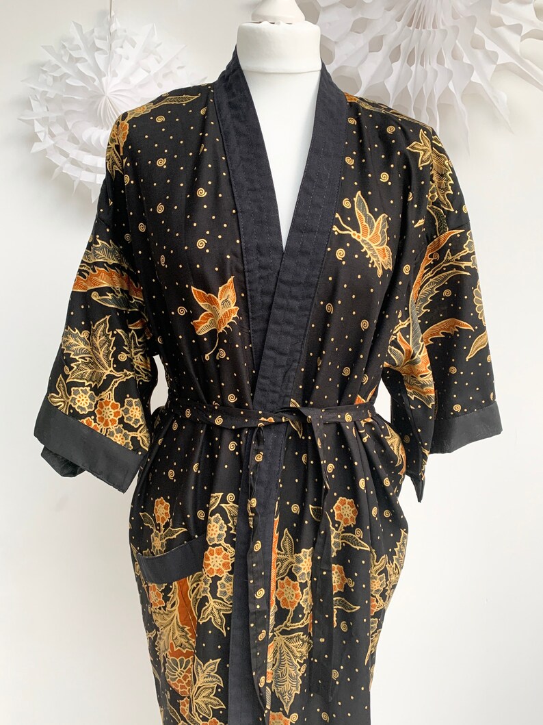 Kimono Robe Black and Gold Cotton Oriental Paisley Floral Etsy