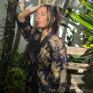 Midnight Purple Cotton Kimono Robe, Kimono Jacket, Dressing Gown, Bridesmaid Robes, Floral Bird Dragon Boho Vintage, Gold print, Japanese