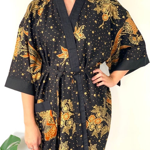 Navy Kimono Robe Jacket Batik Cotton Dressing Gown Mens Etsy