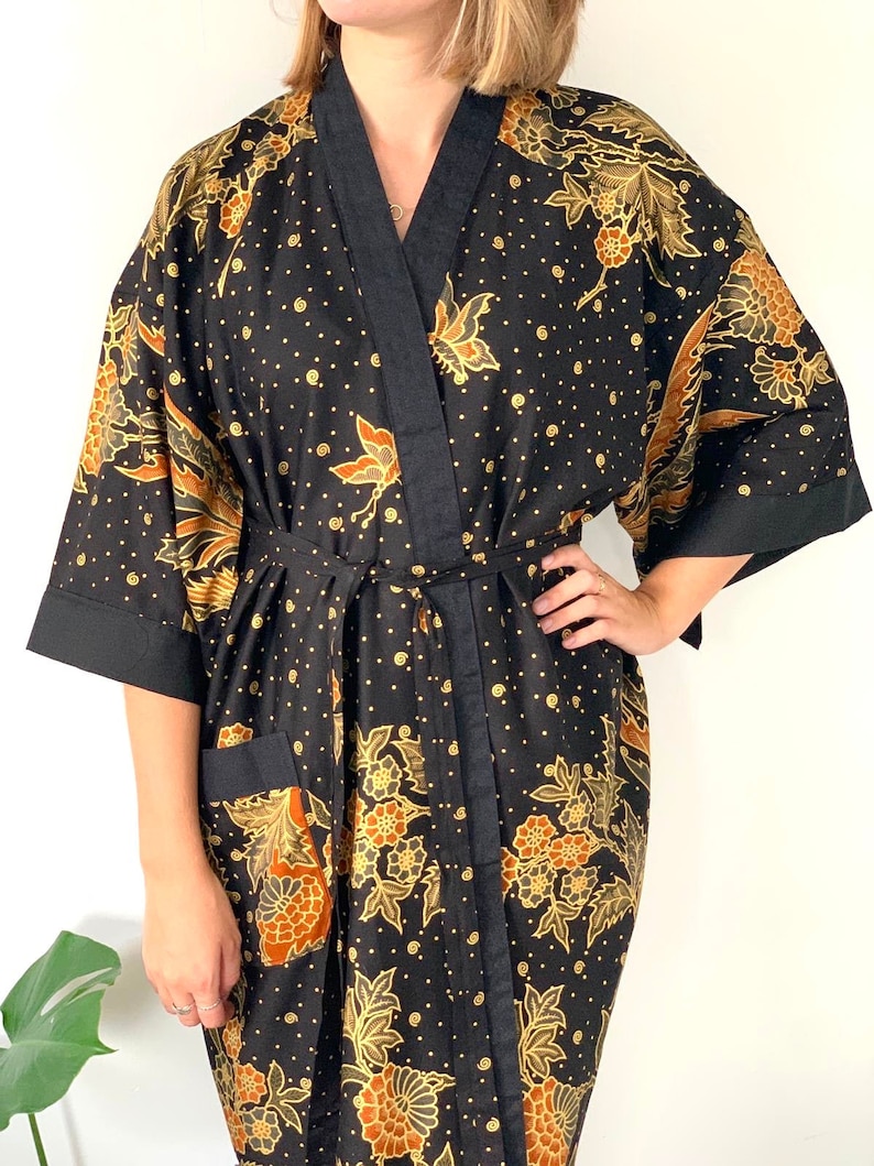 Cotton Kimono robe in Gold bird print, Indonesian Batik, Paisley Floral Boho, Duster gown, Kimono Jacket, Dressing Gown, Chinese, Japanese 