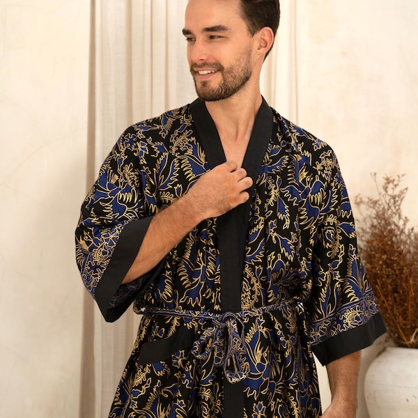 Black/Blue Batik Kimono Robe Jacket, Bali Dressing Gown, Men's Kimono Robe, Festival Kimono, Loungewear, Bathrobe, Pyjamas, Gift for Him