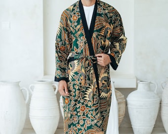 Green Cotton Full Length Batik Kimono Robe Jacket, Dressing Gown, Mens kimono robe, Wear the World, Oriental Dragon Chinese Japanese