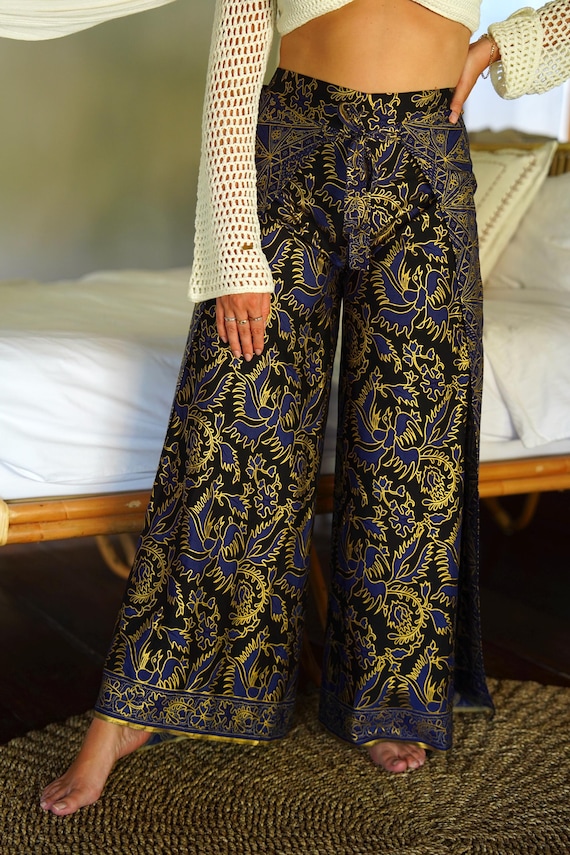 Navy Wrap Around Trousers, Flares, Bali, Festival Trousers, Oriental Handmade Trousers, Floral Bird Print