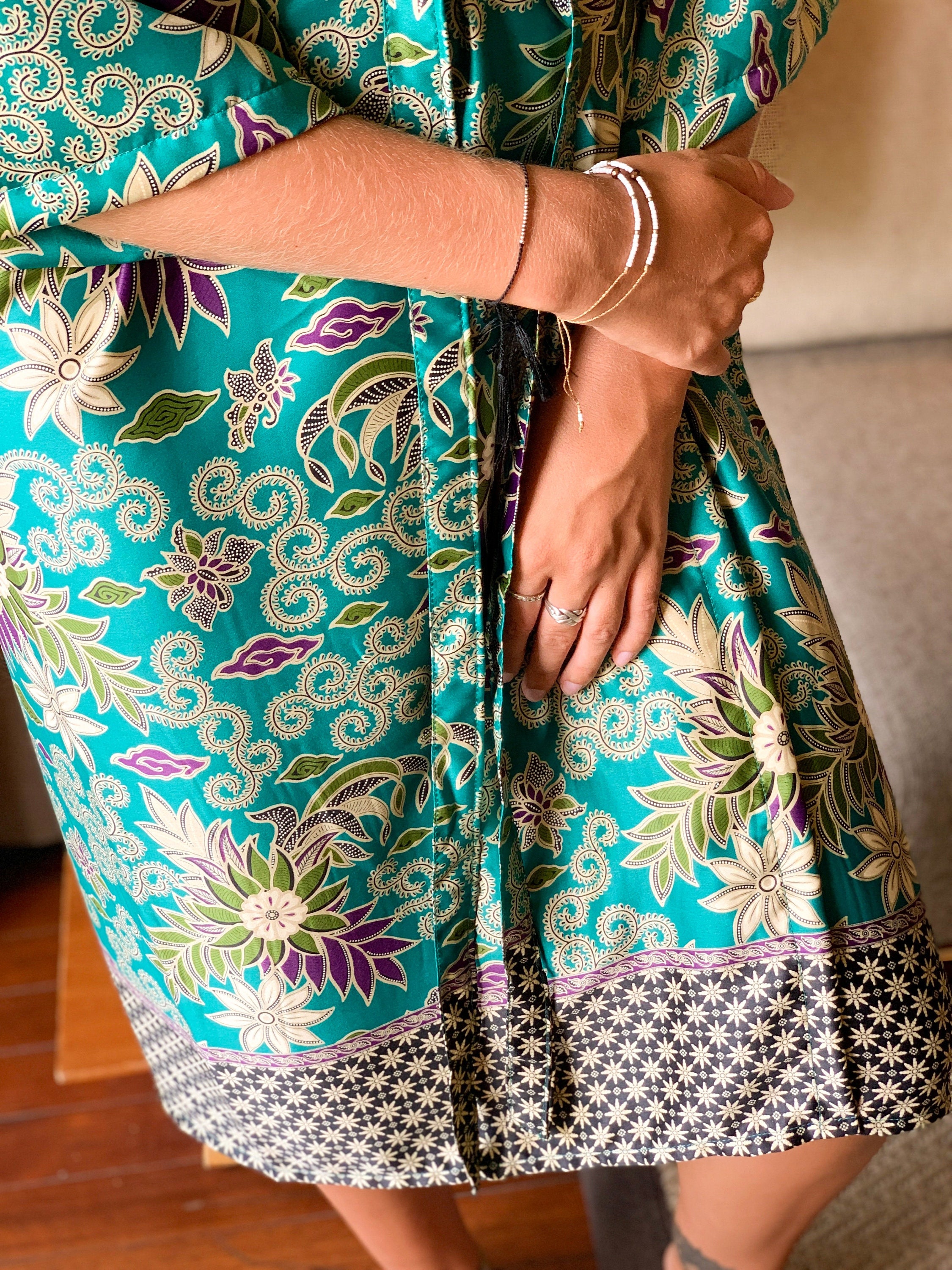 Long Turquoise Silk Kimono Robe Jacket Paisley Floral Boho Etsy