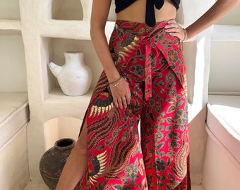 パンツ Eaphi belt ribbon layered wrap pants Red Wrap Around Trousers, Wrap Pants, Palazzo Pants, Flares