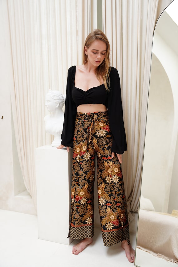 【EEUN】Wrap Seethrough Skirt Pants Black Satin Wrap Around Trousers, Wrap Pants, Palazzo Pants