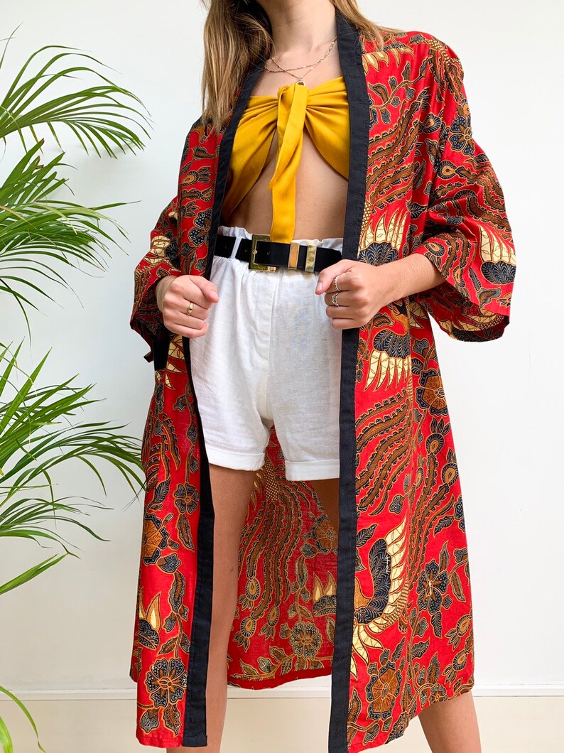 Red Cotton Kimono Robe Jacket Batik Oriental Dressing Gown Etsy