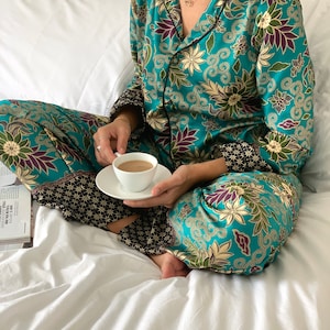 Turquoise Silk Blend Pyjama Set, Silk Nightwear, unique gift for her, bride gift, silk sleepwear for women, Wear the World image 2