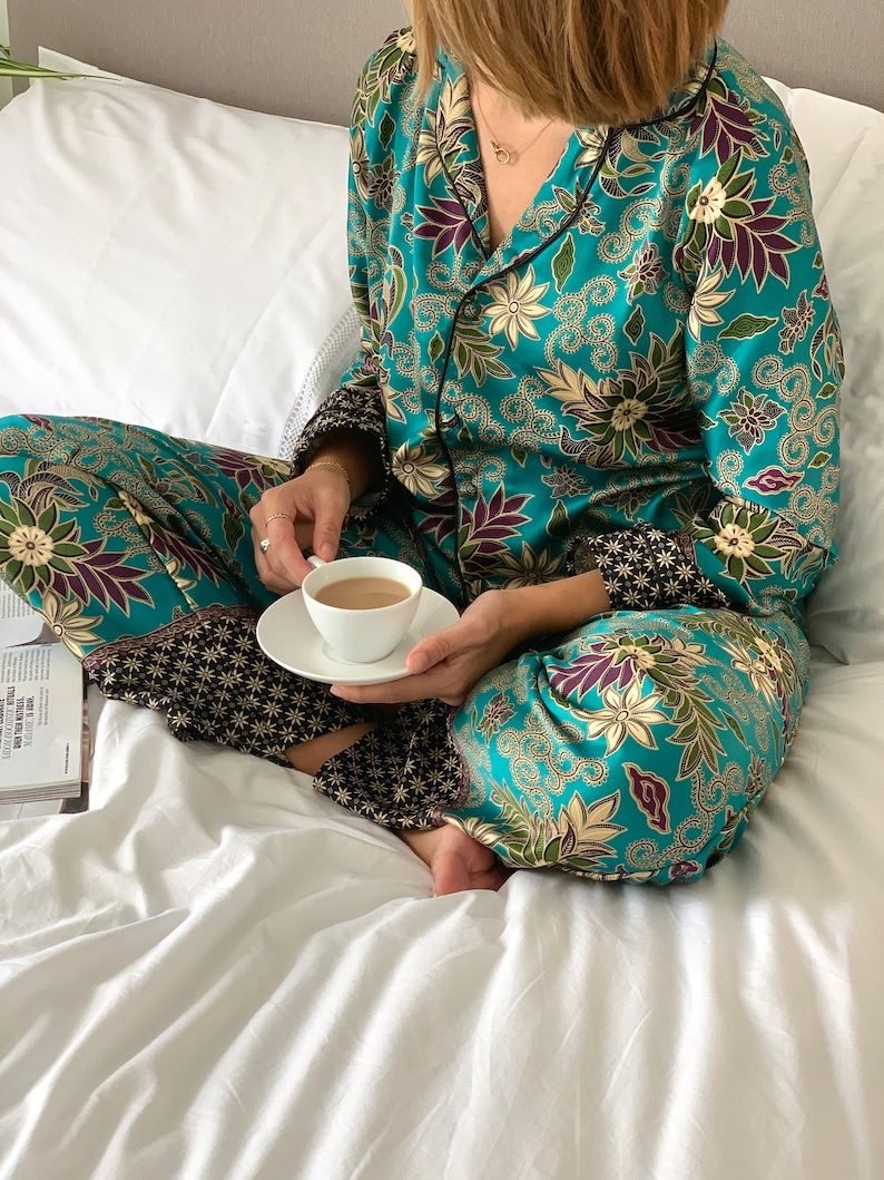 Turquoise Silk Blend Pyjama Set, Silk Nightwear, unique gift for her, bride gift, silk sleepwear for women, Wear the World image 2