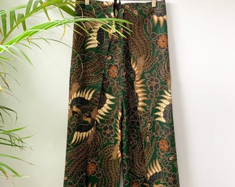 Pantalon cache-cœur batik vert, pantalon cache-cœur, pantalon palazzo, pantalons évasés, pantalons de festival, pantalons larges, pantalons bohèmes, pantalons d'été, pantalons balinais