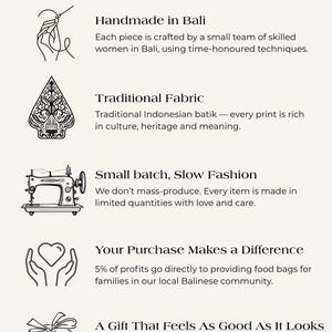 Puede incluir: Imagen con texto: "POR QU&Eacute; NUESTRAS PIEZAS SON TAN ESPECIALES". Incluye hecho a mano en Bali, tejido tradicional, peque&ntilde;a producci&oacute;n, moda lenta, tu compra marca la diferencia y un regalo que se siente bien.