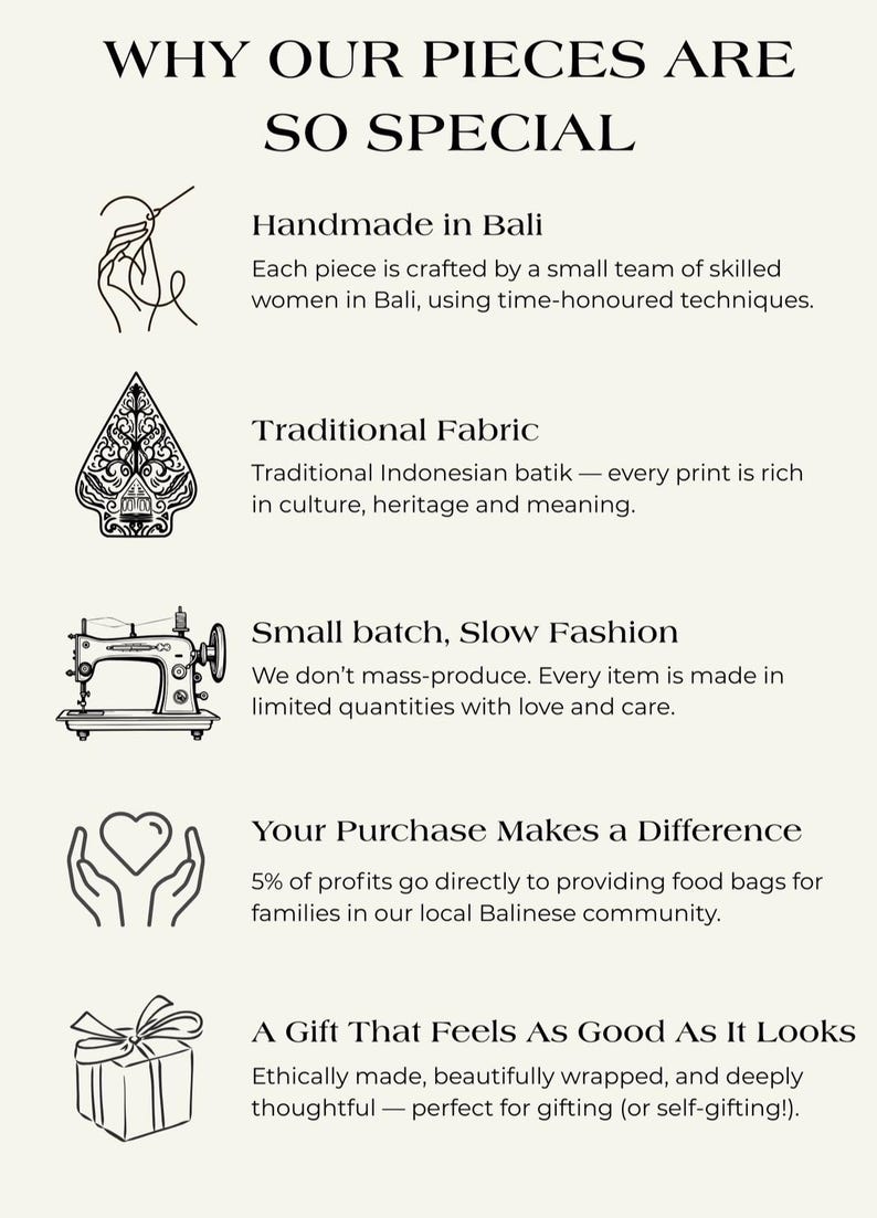 Puede incluir: Imagen con texto: "POR QU&Eacute; NUESTRAS PIEZAS SON TAN ESPECIALES". Incluye hecho a mano en Bali, tejido tradicional, peque&ntilde;a producci&oacute;n, moda lenta, tu compra marca la diferencia y un regalo que se siente bien.