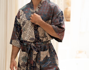 Blue Men's Silk Blend Kimono Robe, Dressing Gown, Satin Kimono, Bathrobe, Silk Pyjamas, Wedding Gift Robe, Party robe, Festival Kimono
