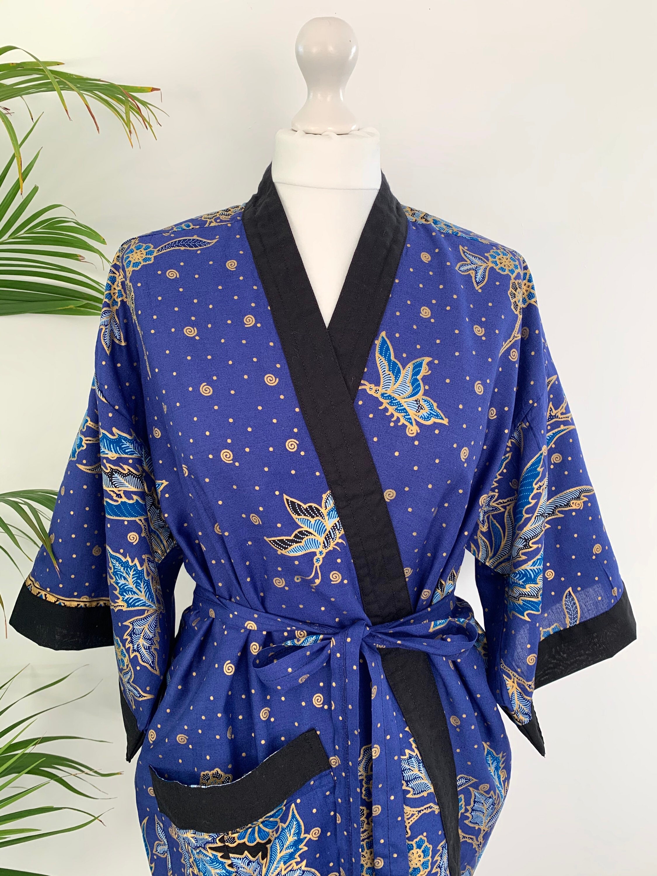 Image of Blue Cotton Kimono Robe, Jacket, Dressing Gown, Bridesmaid Robes, Oriental Floral Bird Dragon Gold, Batik, Gold