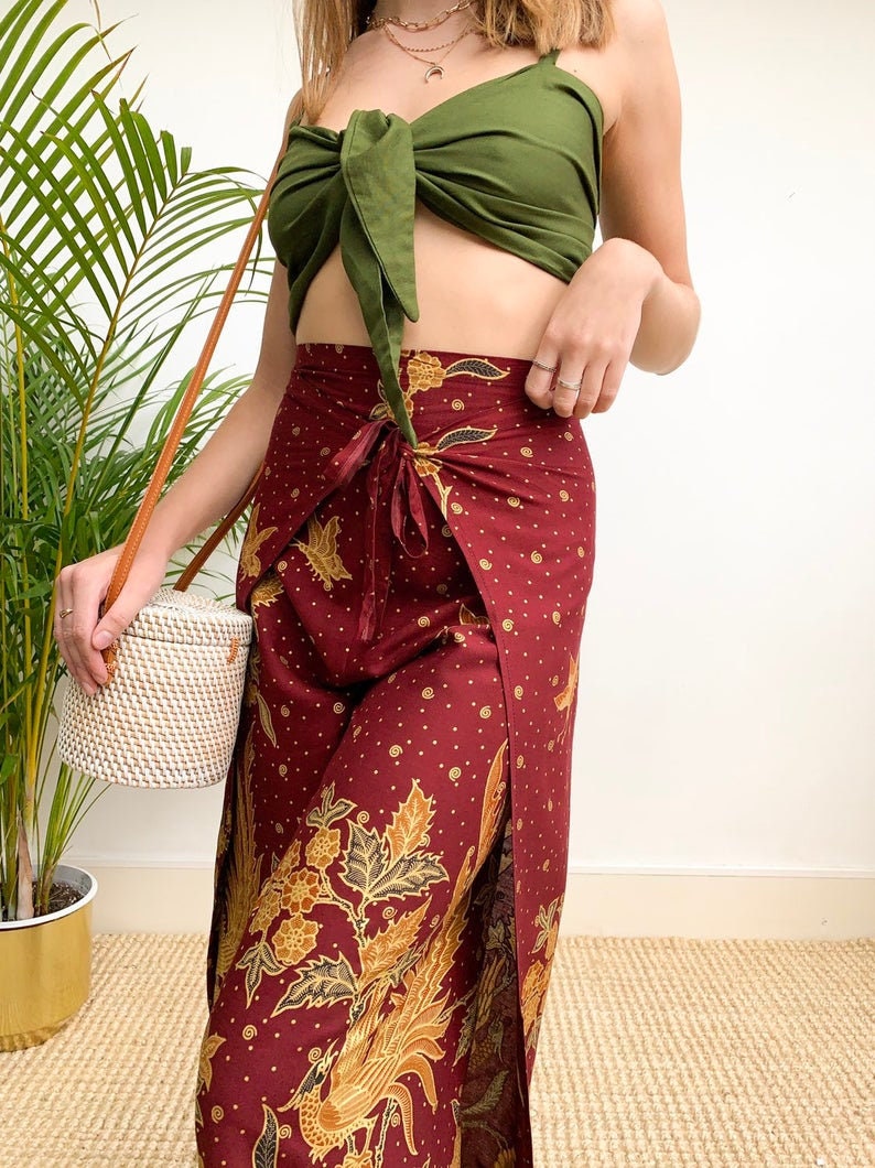 Maroon Cotton Wrap Around Trousers Flares Bali Festival image 2