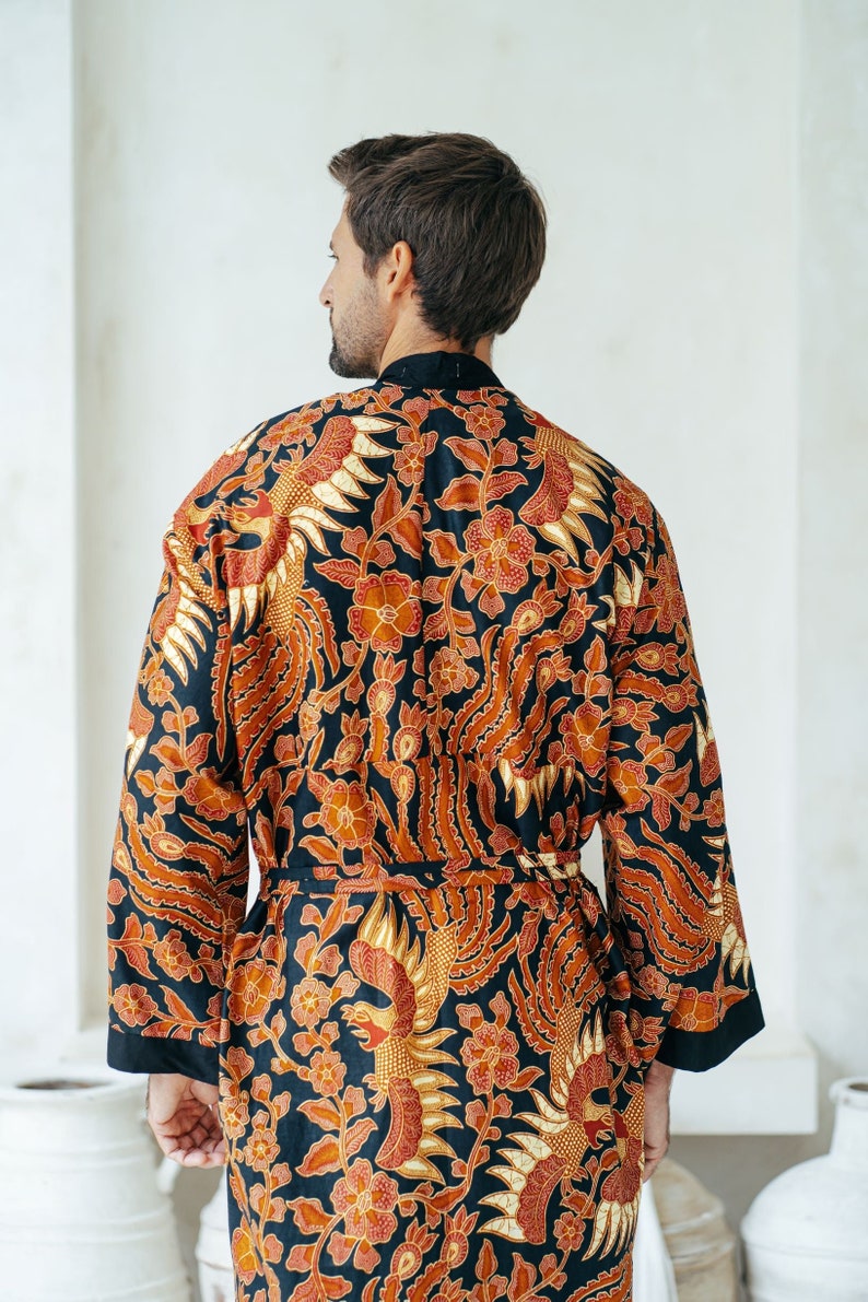 Black and Red Men's Full Length Batik Robe