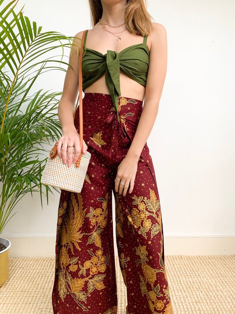 Maroon Cotton Wrap Around Trousers Flares Bali Festival image 1