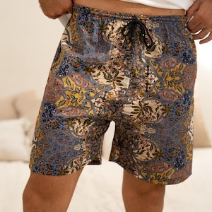 May include: A pair of blue, brown, and yellow patterned silk shorts with a drawstring waist.