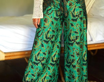Green Batik Wrap Around Trousers, Wrap pants, Palazzo Pants, Flares, Festival Pants, Wide Leg Pants, Boho Pants, Summer Pants, Bali Pants