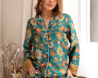 Pyjamaset van groene zijdemix, satijnen pyjama, uniek cadeau voor haar, nachtkleding, loungekleding, nachtkleding, pyjama bruidsmeisje, bruidshuwelijkscadeau