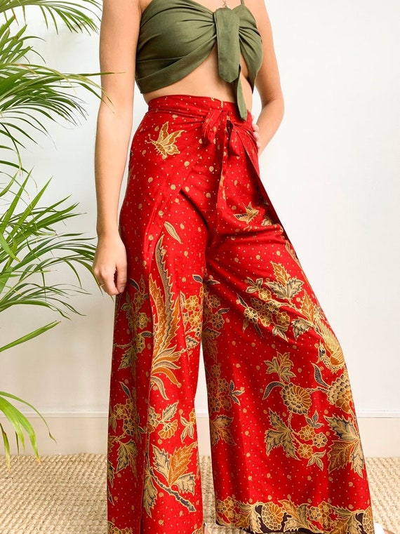 Womens Fisherman Pants Gold Jacquard Thai Silk Yoga Wraparound Palazzo  Trousers | eBay