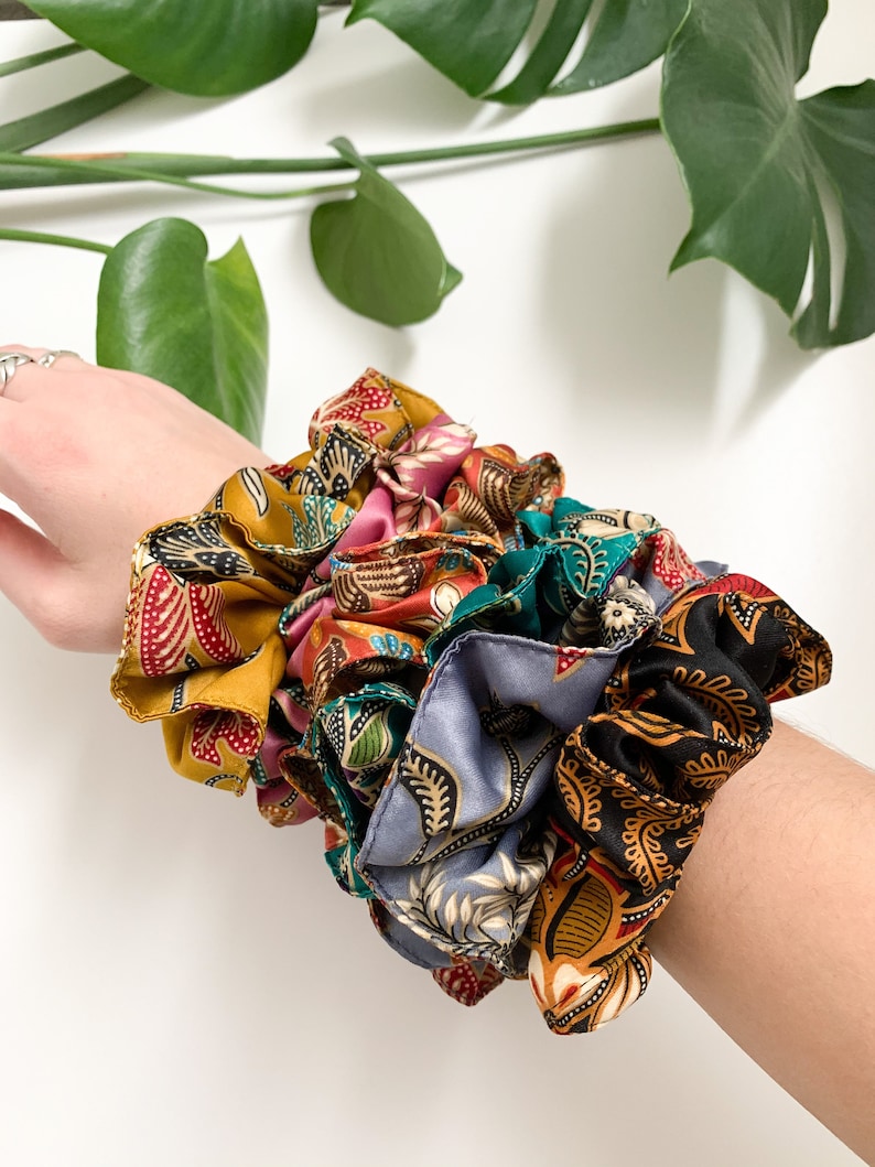 Colourful Silk Hair Scrunchies, Bali Rainbow Hair Band, Gift, Batik Handmade silky satin scrunchie, Hair accessories, Hair tie image 2