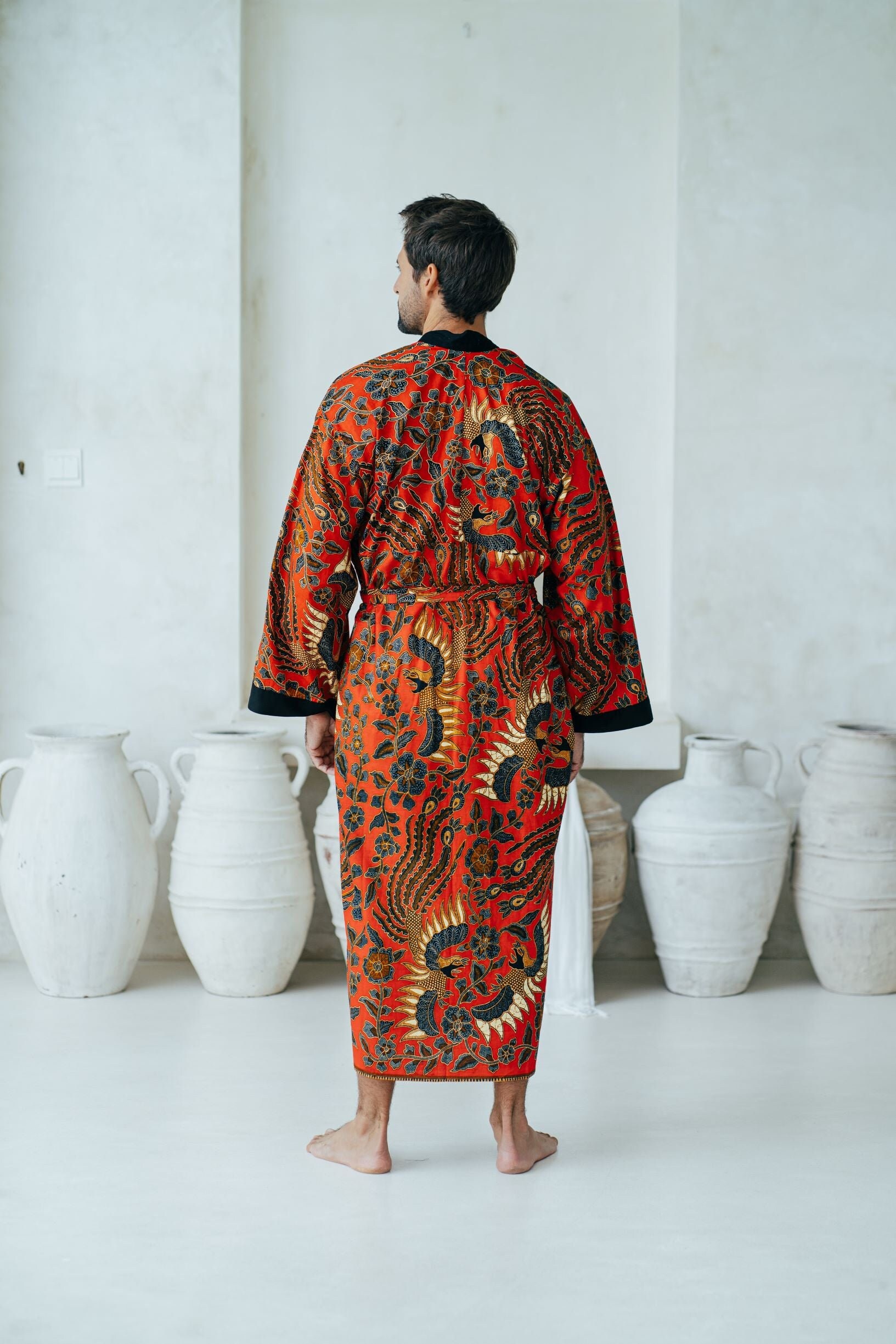 Red Cotton Batik Kimono Robe Jacket, Dressing Gown, Mens Kimono Robe ...