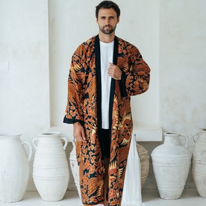 Black and Red Men's Full Length Batik Robe