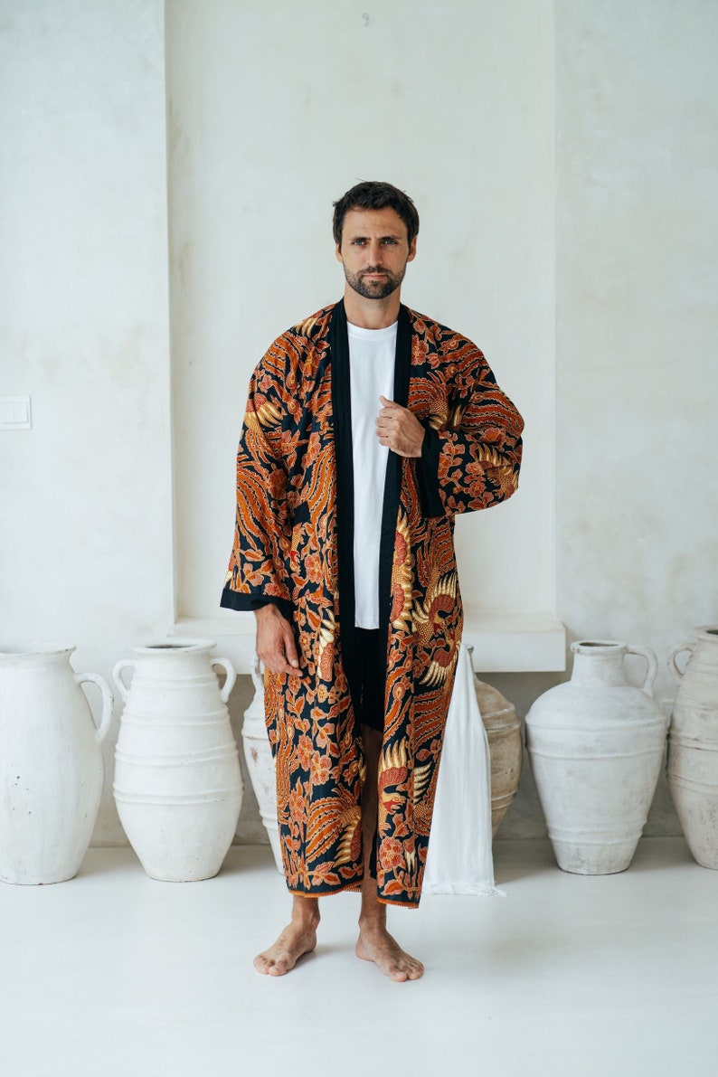 Black and Red Men's Full Length Batik Robe