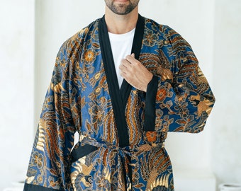 Royal Blue Cotton Full Length Batik Kimono Robe Jacket, Dressing Gown, Mens kimono robe, Wear the World, Dragon Chinese Japanese