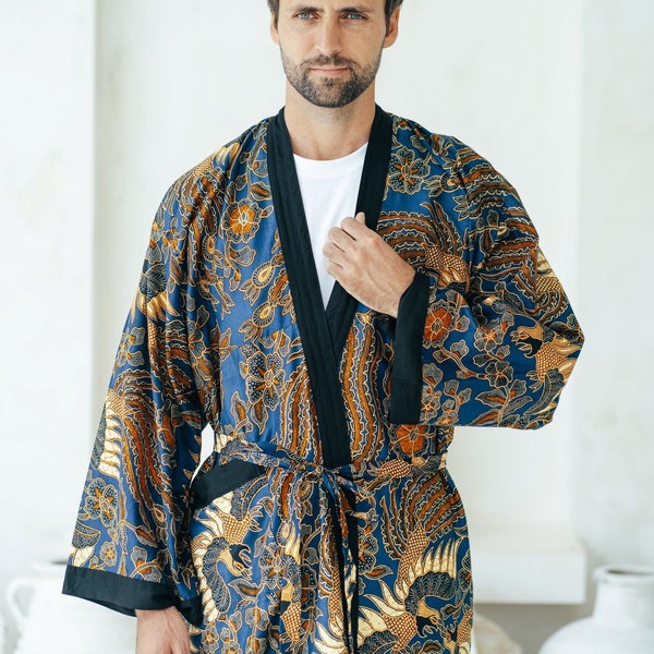Royal Blue Cotton Full Length Batik Kimono Robe Jacket, Dressing Gown, Mens kimono robe, Wear the World, Dragon Chinese Japanese