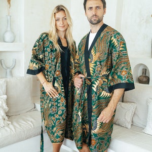 Grüne Batik Kimono-Robe-Jacke aus Baumwolle, Morgenmantel, indonesisches Blumenvogel-Drachenfeuer, Herren-Kimono-Robe, Chinesisch, Japanisch, Bali