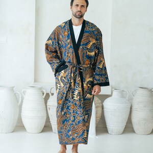 Royal Blue Men's Full Length Batik Robe