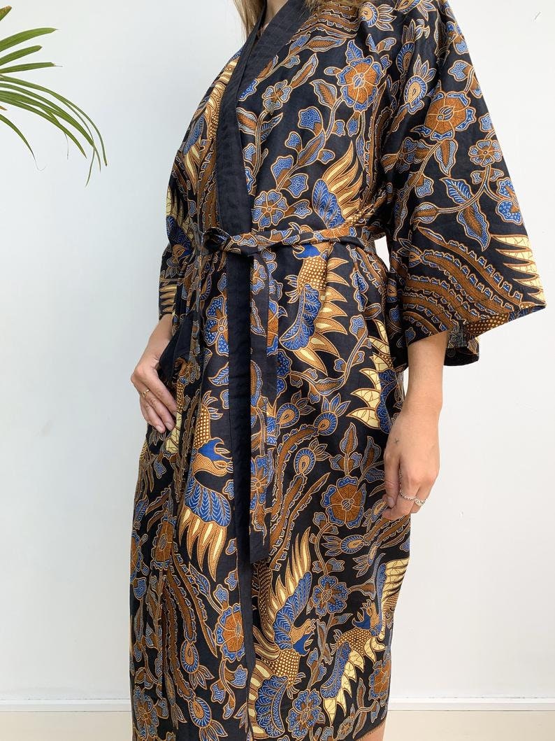 Navy Kimono Robe Jacket, Batik Cotton Dressing Gown, Mens kimono robe, Indonesian Paisley Dragon Fire Floral 