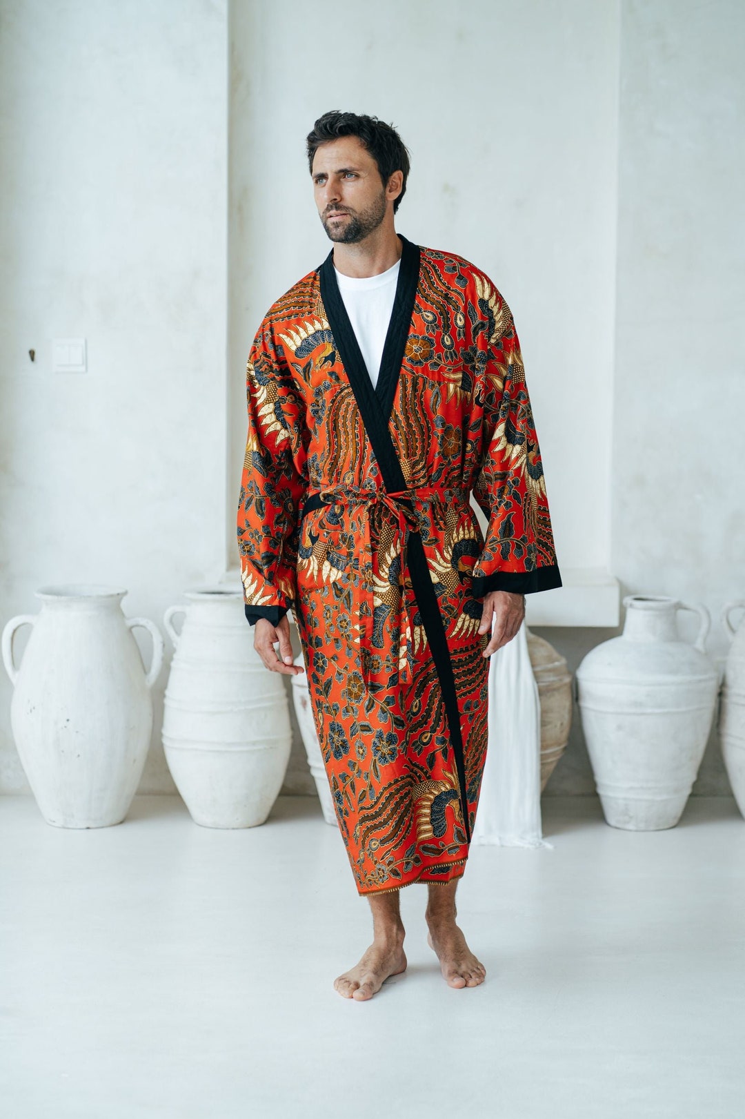 Red Cotton Batik Kimono Robe Jacket, Dressing Gown, Mens Kimono Robe ...