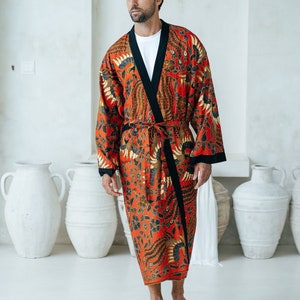 Red Cotton Batik Kimono Robe Jacket, Dressing Gown, Mens kimono robe, Wear the World, Oriental Dragon Chinese Japanese