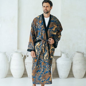Royal Blue Men's Full Length Batik Robe