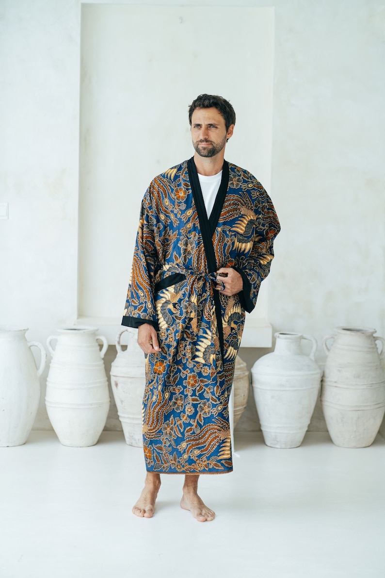 Royal Blue Men's Full Length Batik Robe