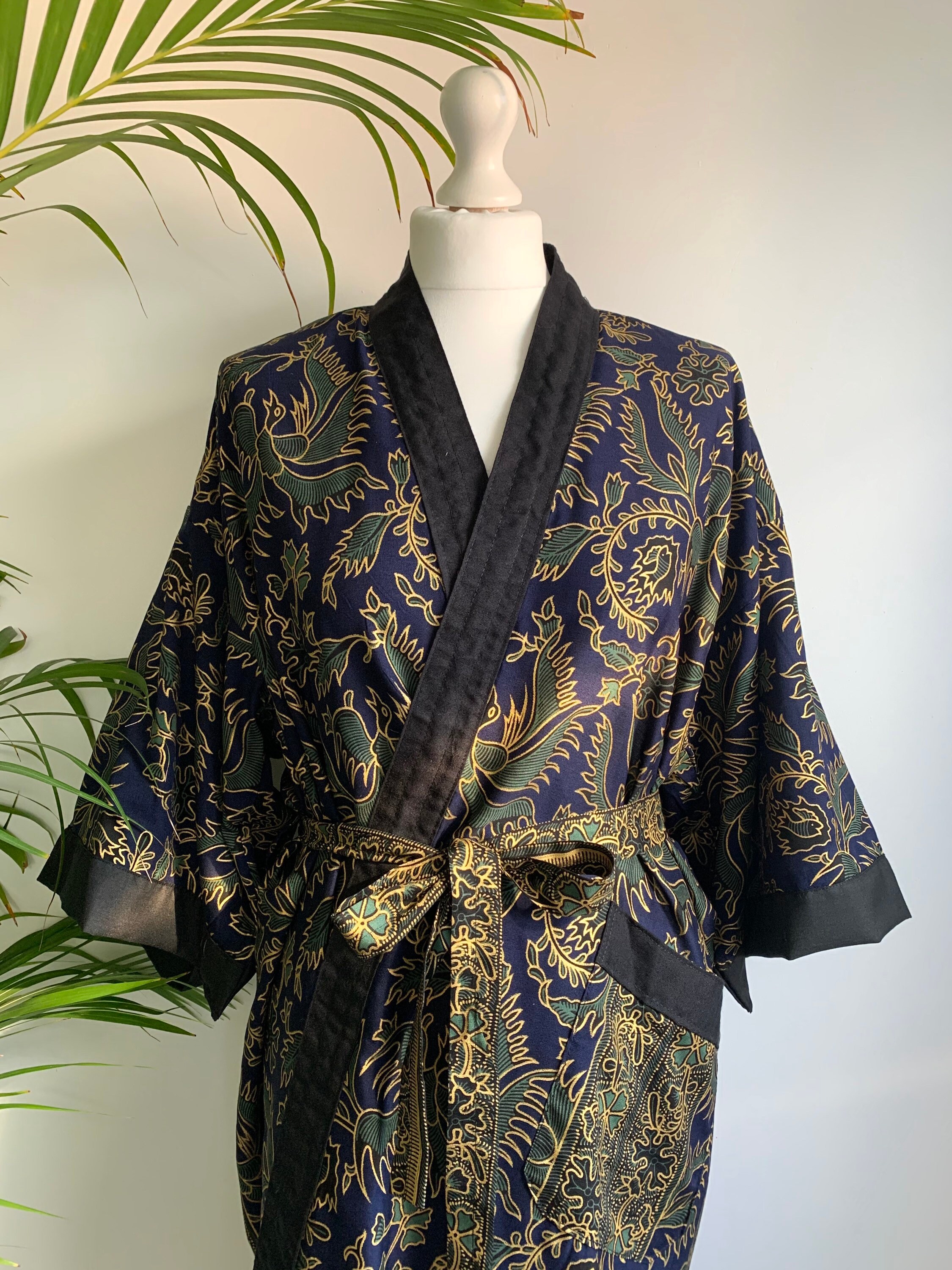 Unisex Navy Kimono Robe in Cotton Oriental Paisley Floral Etsy